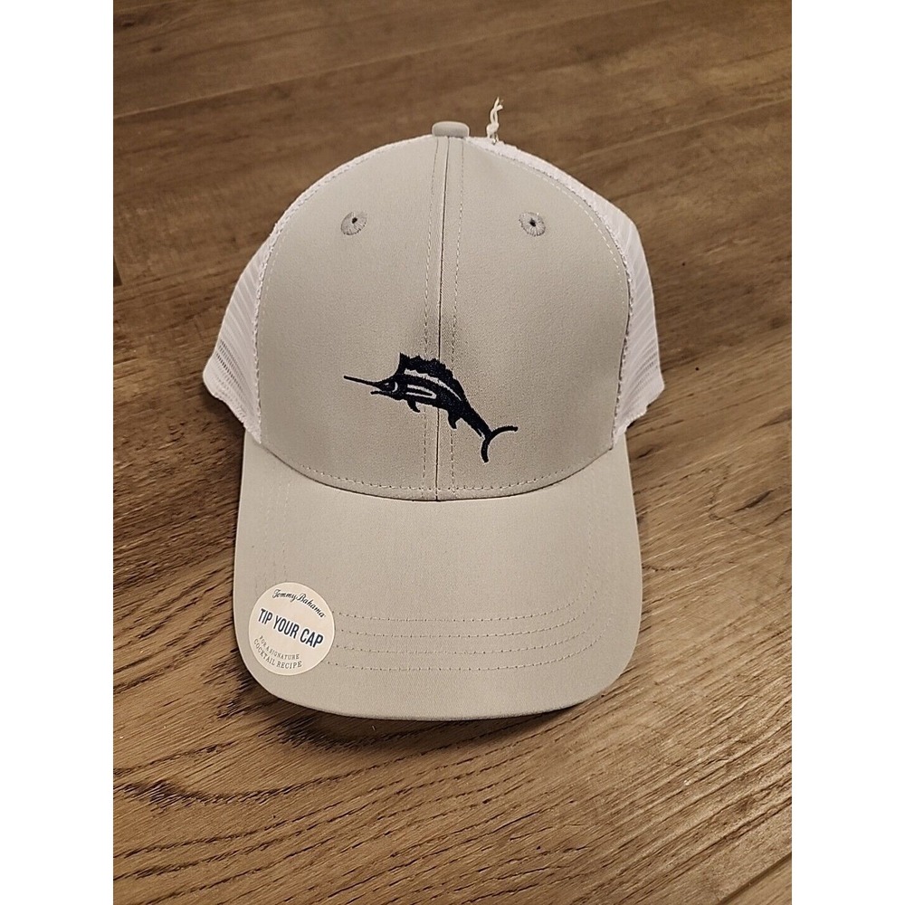 TOMMY BAHAMA "Tip Your Cap"‎ Marlin Logo Trucker Hat Gray White Men's *NEW*